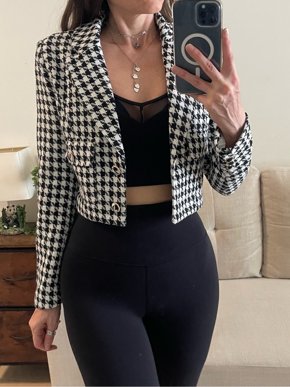 NWOT AQUA Houndstooth Tweed Cropped Blazer Jacket XS